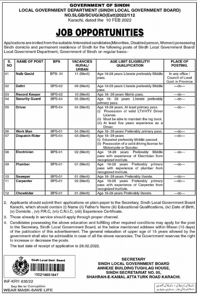 Local Government Department Sindh Jobs 2022