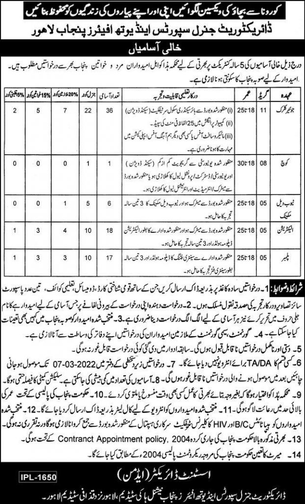 Sports and Youth Affairs Department Jobs 2022