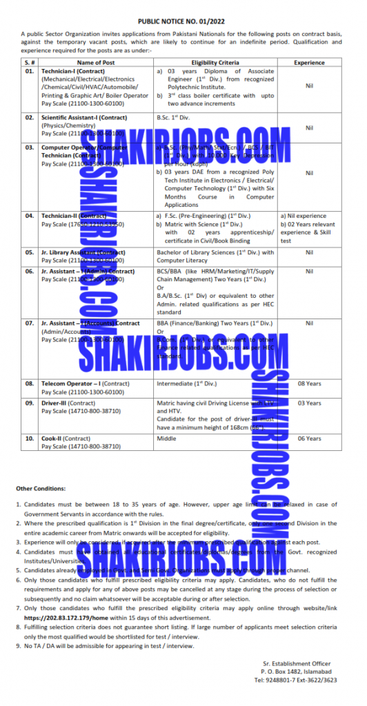 Public Sector PO Box 1482 Islamabad Jobs 2022