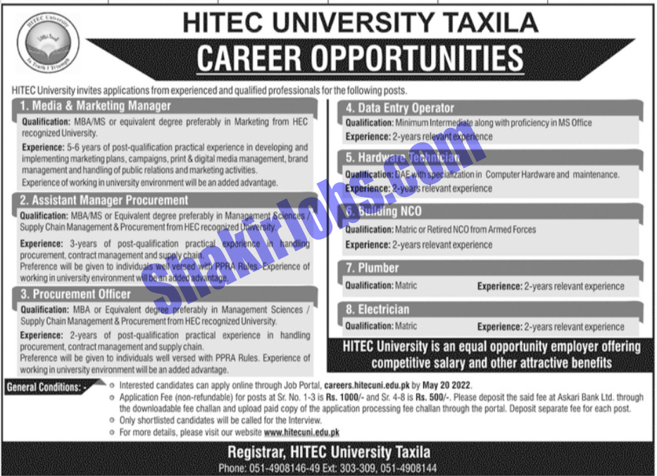 HITEC University Taxila Jobs 2022 Online Form