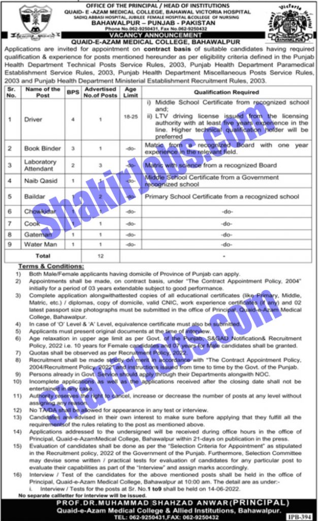Quaid E Azam Medical College Jobs 2022