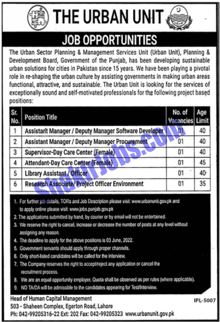 The Urban Unit Govt Jobs 2022
