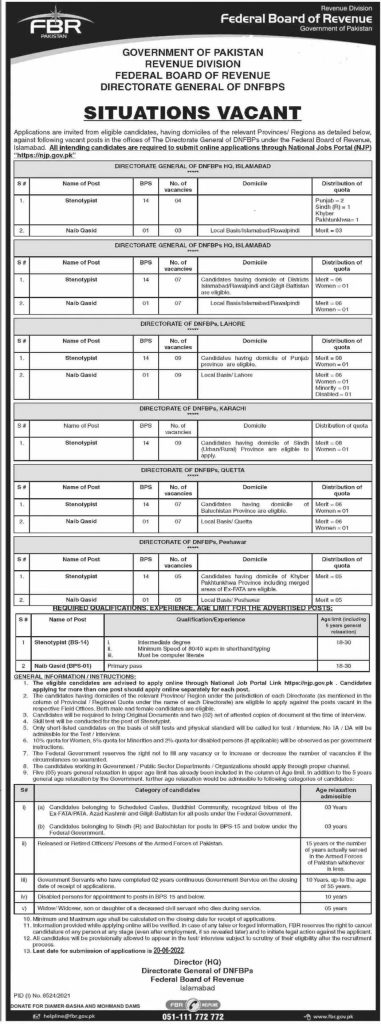 FBR Jobs 2022 for Naib Qasid and Steno Typists