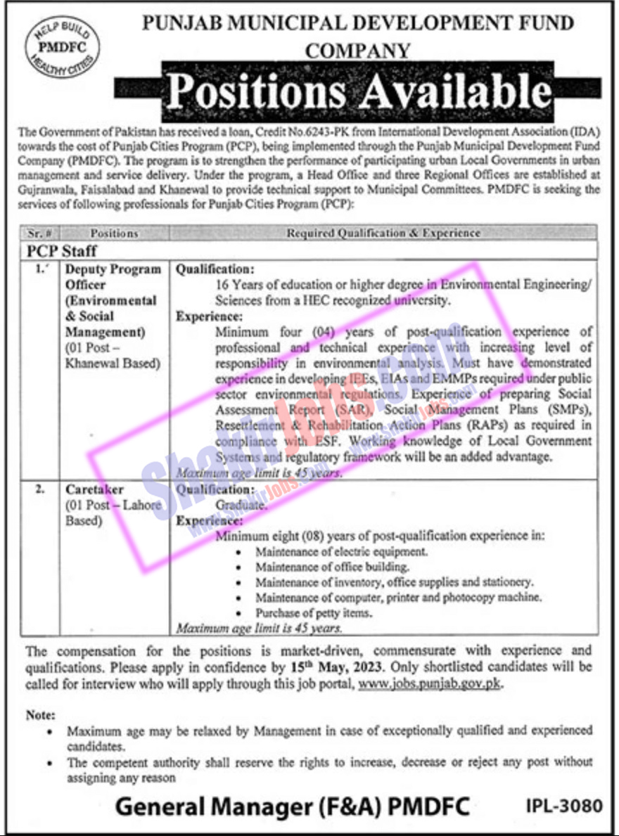 PMDFC Jobs 2023 | Punjab Municipal Development Fund Company